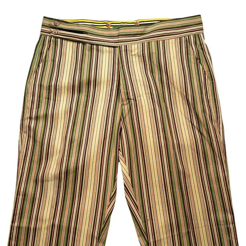 Mens Gurkha Pants 38 Beige Green Striped Cotton Trousers Flat Front Straight Fit - Picture 5 of 8